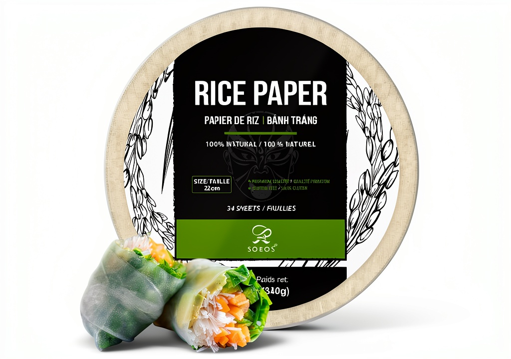 Soeos rice paper sheets displayed with fresh vegetables for spring rolls