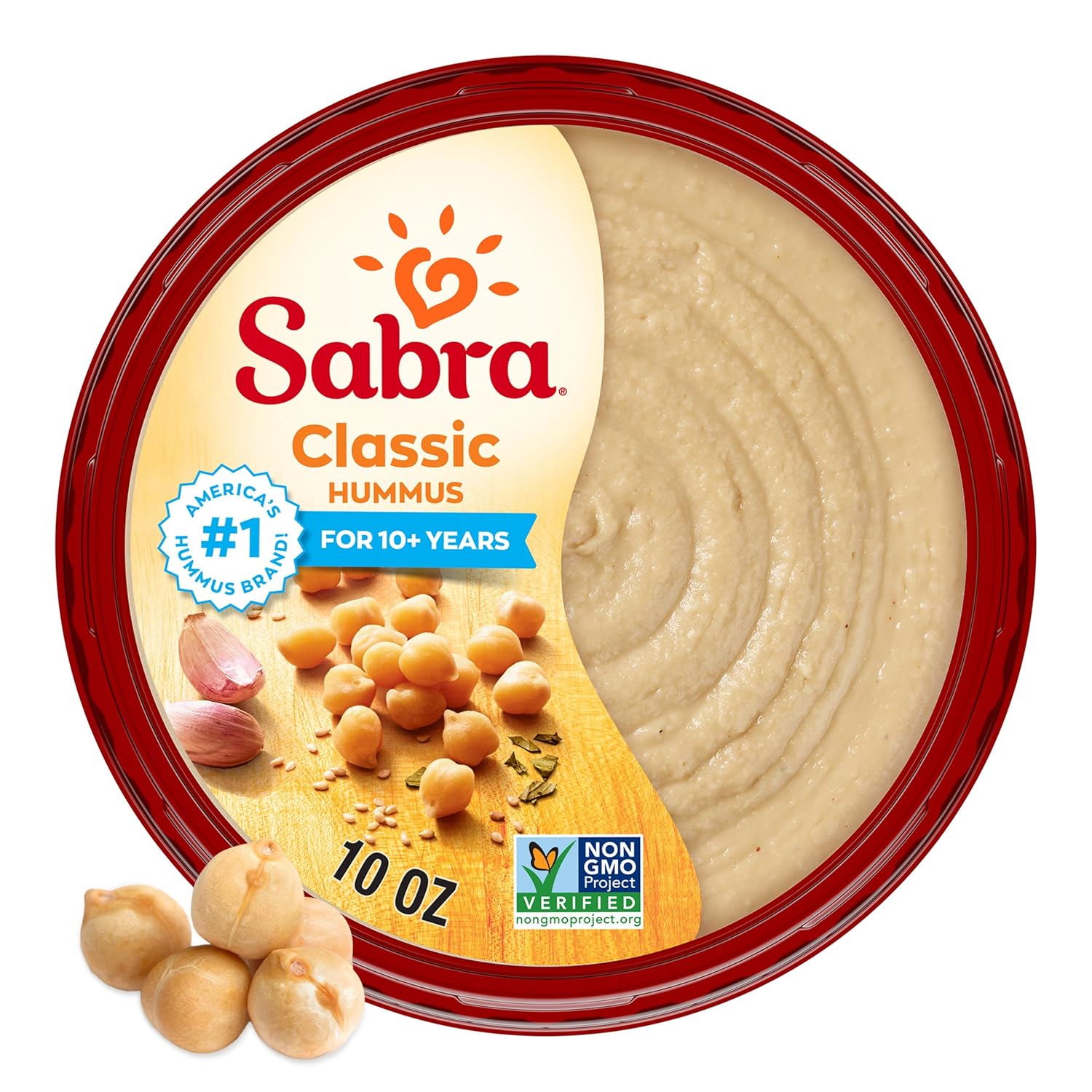 Sabra Classic Hummus tub displayed with pita chips and vegetables