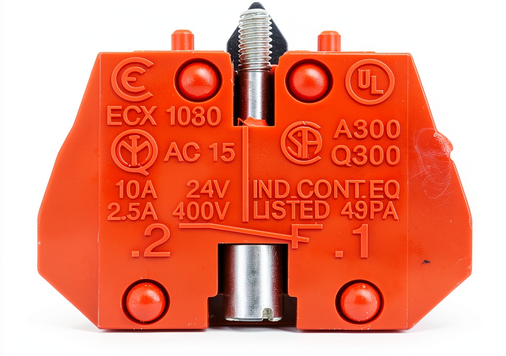 Installing Automation Direct Red Plastic Actuator Block 15 Contacts on a wooden desk