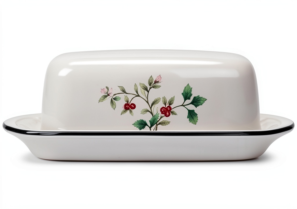 Stoneware butter dish on a kitchen countertop