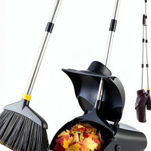 Outdoor Broom and Dustpan Set PIMEKOY Long Handle Windbreak Cover-0