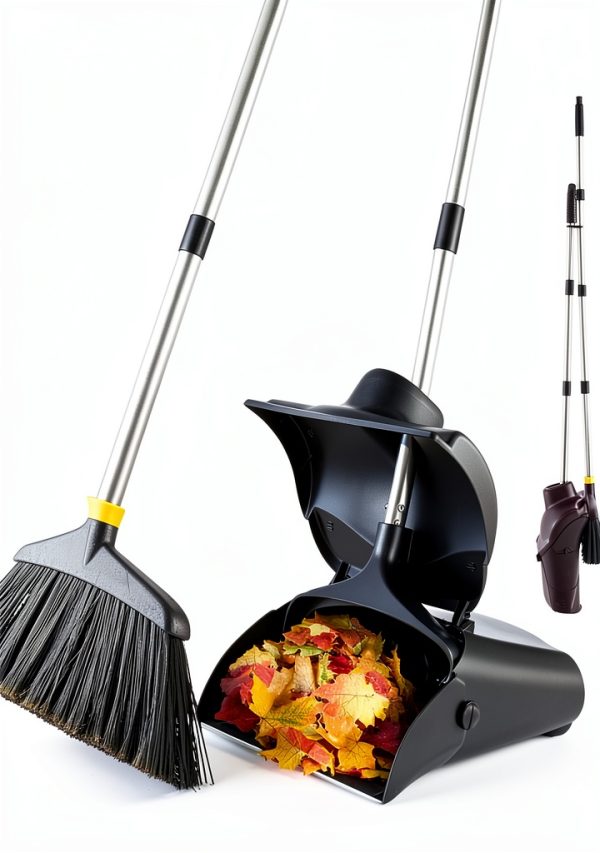 Outdoor Broom and Dustpan Set PIMEKOY Long Handle Windbreak Cover-0