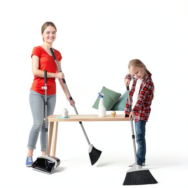 Broom and Dustpan Set, Heavy Duty Dust Pan with Long Handle 51 Inch Broom with Dustpan Combo Set Upright Self-Cleaning Dust Pan Home Kitchen Lobby Indoor Outdoor Sweeping Cleaning Tool - Gray-5